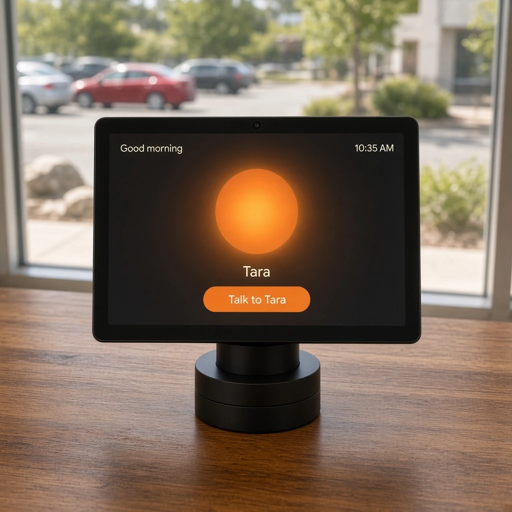 The Tara device on a home table, showing its elder-friendly screen with a large clock and a Talk to Tara button