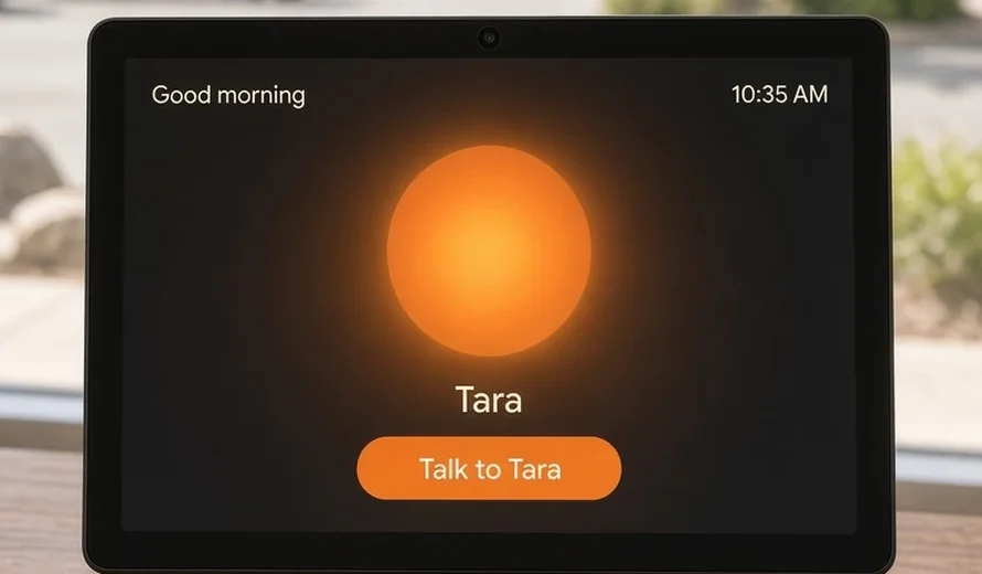 Close-up of Tara elder-friendly screen: a large clock, the name Tara, and a big orange Talk to Tara button